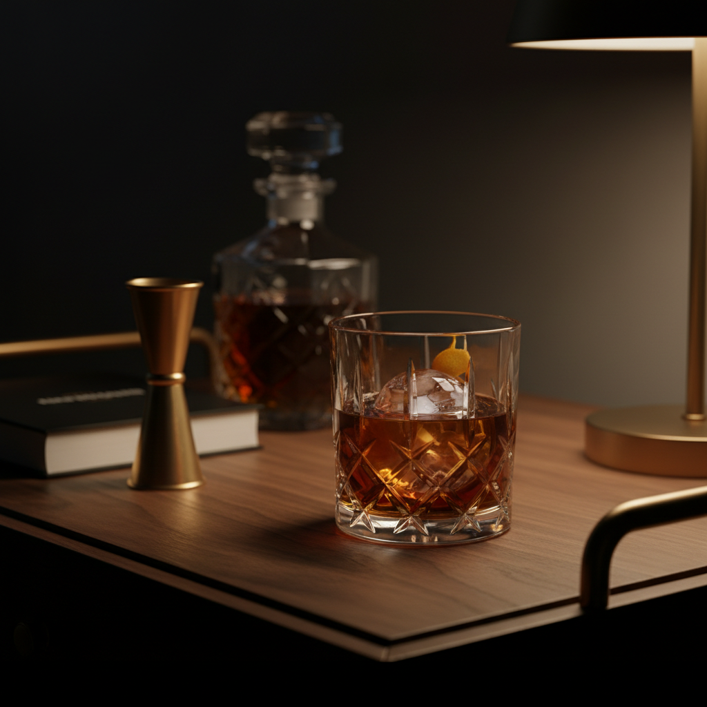 A rich, mahogany-hued Old Fashioned in a heavy-cut crystal rocks glass, the facets throwing intricate reflections across a dark walnut bar cart. A single clear sphere of ice floats in the center, partially submerging a glossy brandied cherry and thin orange peel. Nearby, an elegant brass jigger, a small crystal decanter of whiskey, and a minimalist black cocktail book rest in deliberate arrangement. Warm, focused lamplight from the right creates dramatic side lighting, emphasizing texture and depth while leaving the background in velvety shadow. Shot at a low, intimate angle with shallow depth of field and a sophisticated, cinematic photographic style, the atmosphere is moody, contemplative, and indulgent.