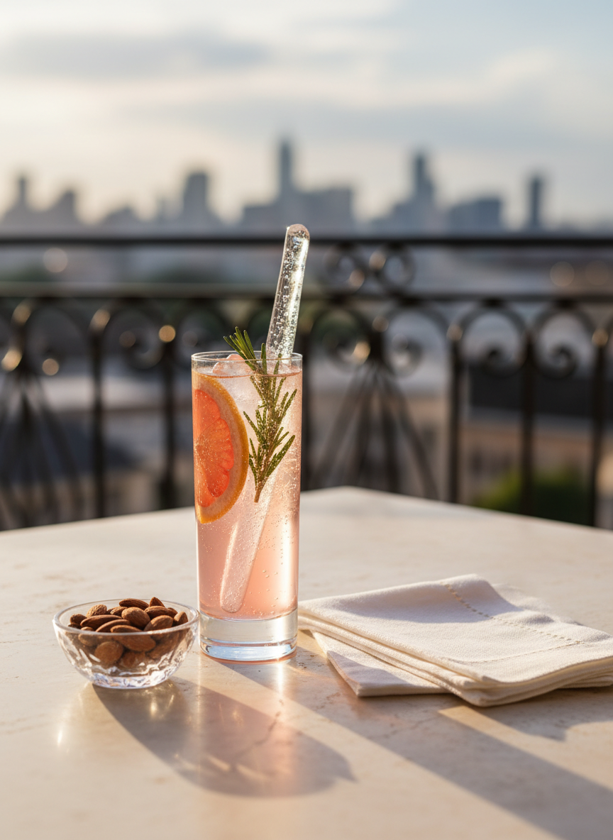 A slender, tall Collins glass brimming with a blush-pink spritz, fine bubbles racing to the surface beneath a perfectly clear ice spear. A thin grapefruit wheel and sprig of fresh rosemary lean crisply against the glass. The drink rests on a pale travertine tabletop beside a neatly folded linen cocktail napkin and a small crystal bowl of Marcona almonds. Late afternoon natural light streams in from the left, casting elongated, elegant shadows and soft bokeh from an out-of-focus balcony railing and city skyline. Captured from a slightly elevated angle in photographic realism, the mood is chic, airy, and celebratory, ideal for refined at-home entertaining.